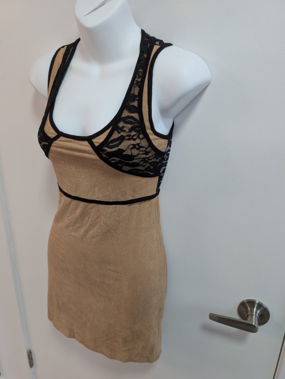 NEW Tan Bodycon Mini Dress with Black Lace Back